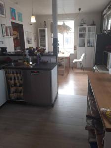 a kitchen with a counter top and a living room at Beautiful apartment in the heart of Reykjavik in Reykjavík