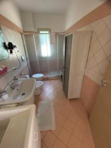 La salle de bains est pourvue d'un lavabo, de toilettes et d'une douche. dans l'établissement Loft Ricadi da amare a due passi da Tropea con WiFi e barbecue, à Ricadi