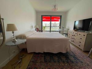 a bedroom with a large bed and a television at Vue plongeante sur l'eau in Saint-Jean-de-Luz