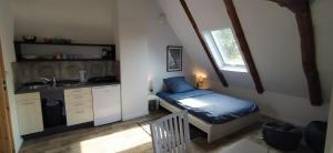 een kleine kamer met een bed en een wastafel. bij FairSchlafen-Dachstudio in Bücken