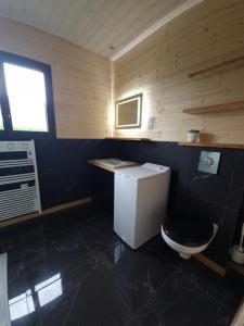 a small bathroom with a toilet and a sink at Le Chalet de St Vigor in Saint-Vigor-le-Grand