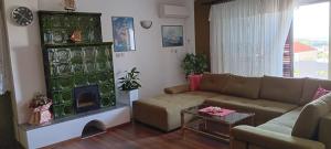 - un salon avec un canapé et une cheminée dans l'établissement Apartments Jadro, à Kali