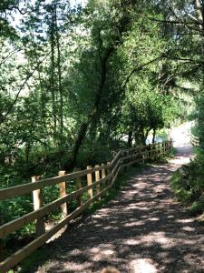 a fence on a path in a park with trees at The Croft in Cowbridge