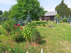 a garden with a barn and flowers and a field at Kwatera u Stasia in Szczebrzeszyn +12 photos