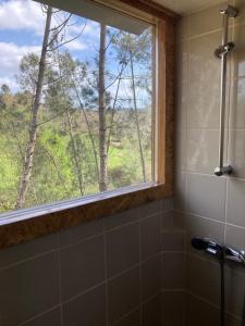 a window in a bathroom with a shower with a view at Relax Container in Aguiar da Beira