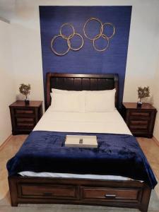 a bedroom with a bed with two olympics above it at Staycation City Loft Free Gated Parking in Saint Louis