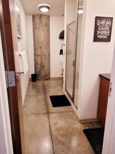 a bathroom with a walk in shower and a toilet at Staycation City Loft Free Gated Parking in Saint Louis