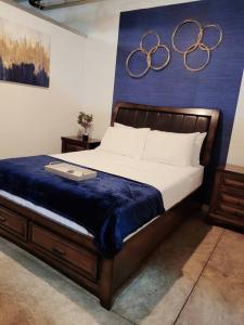 1 dormitorio con 1 cama y 2 olimpiadas en la pared en Staycation City Loft Free Gated Parking en St. Louis