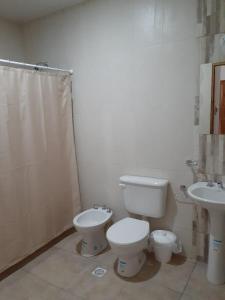 a bathroom with a toilet and a sink at El Solar Departamentos Tartagal in Tartagal