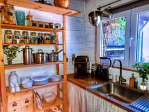 eine Küche mit einer Spüle und einer Arbeitsplatte in der Unterkunft Cozy chalet in a nature reserve with garden in Oud-Turnhout
