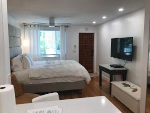 1 dormitorio con 1 cama y TV de pantalla plana en Gulfside Resort. Unit 10, en St Pete Beach