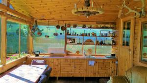 una cocina con encimera y fregadero en una cabaña en Cottage by the sea Jurmala Guest House Melon en Jūrmala