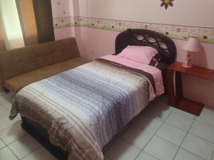 曼塔的住宿－Confort，一张小床,位于带台灯和桌子的房间