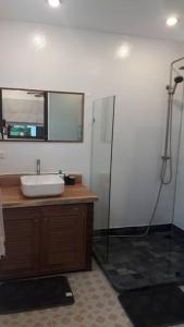 La salle de bains est pourvue d'un lavabo et d'une douche. dans l'établissement Appartement Villa Stella Maenam Koh Samui, à Koh Samui 