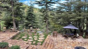 un patio con tavoli, sedie e ombrellone di Cedar Scent Guesthouse a Batroûn