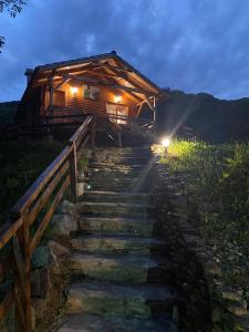 a house with stairs leading up to it at night at Chalets du BF in Sighişoara