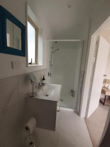 a white bathroom with a sink and a shower at 15 On Wards in Greytown