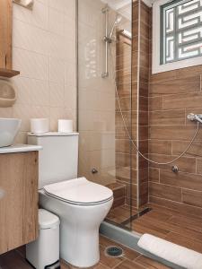 a bathroom with a toilet and a shower at The Mathraki Studios (Adult Only) in Arillas