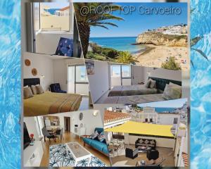 un collage di foto di una camera d'albergo e di una spiaggia di ROOFTOP EstrelaDoMar NewOpening- 150m to the Beach a Carvoeiro