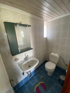 a bathroom with a white toilet and a sink at Thalia’s Mountain View in Palaiokatoúna +19 photos