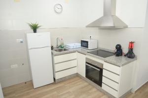 a kitchen with a white refrigerator and a microwave at Alojamiento del Sol in Málaga