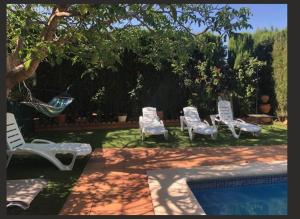 3 sillas blancas sentadas junto a una piscina en casa rural LAS CHIMENEAS, en Casasimarro