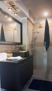 uma casa de banho com um lavatório e um chuveiro em Maison calme - Frontière Montagne et Plage em Urrugne