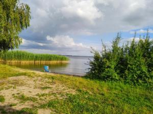 a blue chair sitting on a beach next to a body of water at KAMPER NAD BRZEGIEM JEZIORA NIEGOCIN in Giżycko