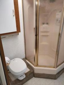łazienka z prysznicem i toaletą w obiekcie KAMPER NAD BRZEGIEM JEZIORA NIEGOCIN w mieście Giżycko
