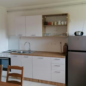 eine Küche mit weißen Schränken, einer Spüle und einem Kühlschrank in der Unterkunft Apartmaji BORŠTNER in Vransko