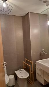 Perola da Figueira da Foz في فيغيورا دا فوز: حمام مع مرحاض بالوعة ومرآة