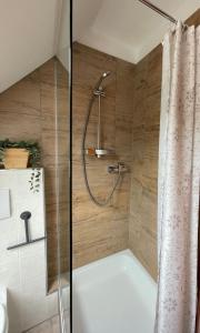 a shower with a glass door in a bathroom at Pension Hühnermühle in Volkerode