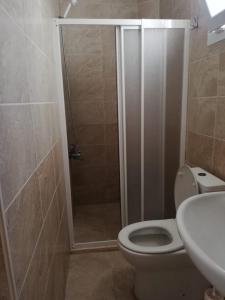 a bathroom with a shower with a toilet and a sink at House with garden in Bodrum in Bodrum City