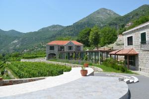 vista su una casa con montagne sullo sfondo di Markovic Winery and Estate apartments a Cetinje (Cettigne)