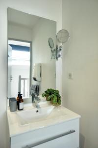 a bathroom with a white sink and a mirror at Cabine de plage n°2 *50m de la plage* in Ploemeur