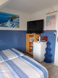 a bedroom with two beds and a flat screen tv at Unia's Verhuur in Zoutelande