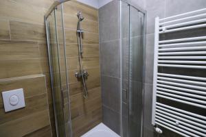 a shower with a glass door in a bathroom at Rooms Matić in Velika Mlaka