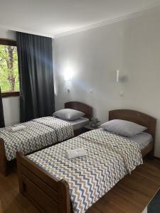 two beds in a bedroom with a window at Hotel Lane in Kraljevo
