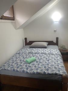 una camera da letto con un letto con un oggetto verde sopra di Hotel Lane a Kraljevo