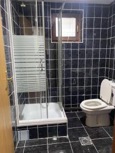 a blue tiled bathroom with a toilet and a shower at Hotel Lane in Kraljevo