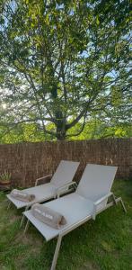 three lounge chairs sitting in the grass under a tree at Hotel Cal Sastre in Santa Pau