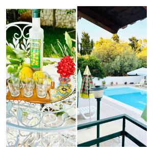 tavolo con bicchieri e bottiglia di vino accanto alla piscina di I mori di Sicilia Relais Charme ad Altavilla Milicia