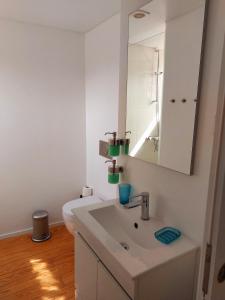 a bathroom with a white sink and a mirror at Panorama Apartments Ribeira Porto in Porto