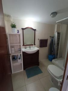 a bathroom with a sink and a toilet and a mirror at Heart of the City in Limassol