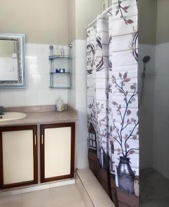 a bathroom with a shower curtain and a sink at R Garden Studio 1 - Ensuite avec accès privé et indépendant in Baie du Tombeau