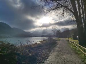 a path next to a body of water with the sun shining at Ferienwohnung im Molsbachtal in Happurg