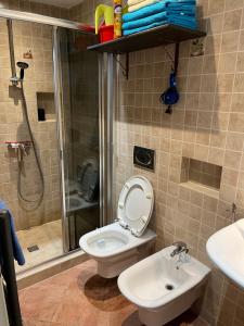 uma casa de banho com um chuveiro, um WC e um lavatório. em Home in Krakow Silvio's Apartments na Cracóvia