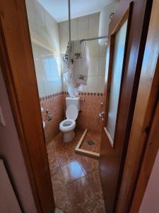 a bathroom with a toilet and towels in it at Apartment FLORA in Bregvija