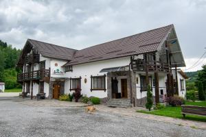 a building with a dog standing in front of it at Lacrima Izei in Săcel