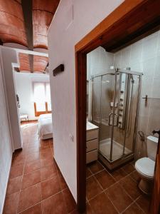 ein Bad mit einer Dusche und einem WC in der Unterkunft Casa Cardona in Móra d'Ebre